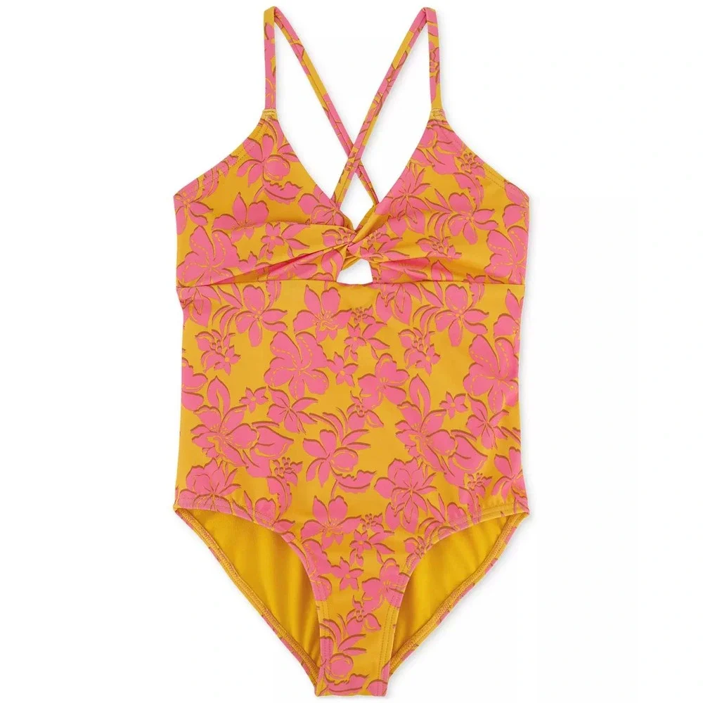Roxy Girl One Piece Swimsuit Yellow Pink Floral UPF 50+ Size 10 New